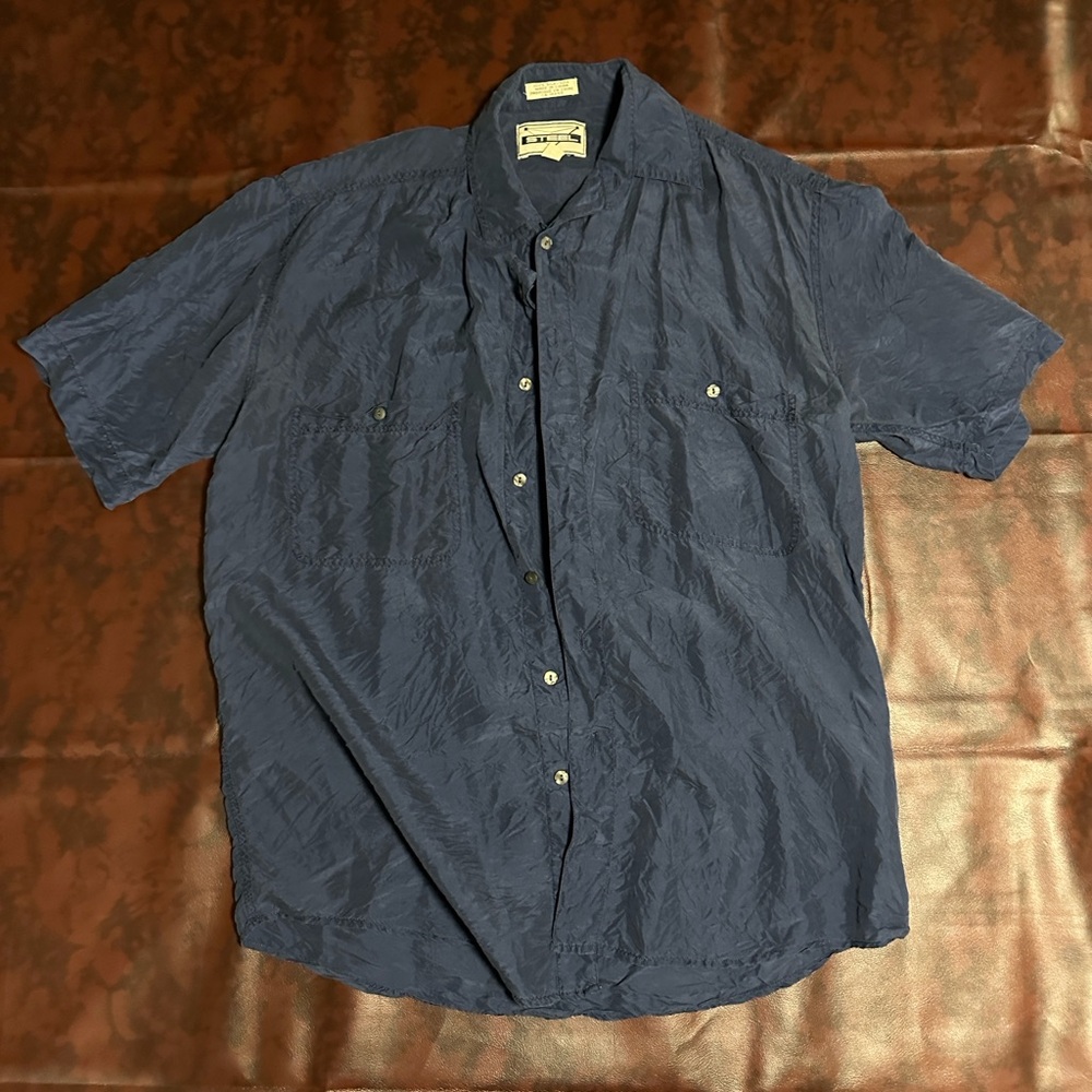 Men's Vintage Blue Silk Shirt Medium